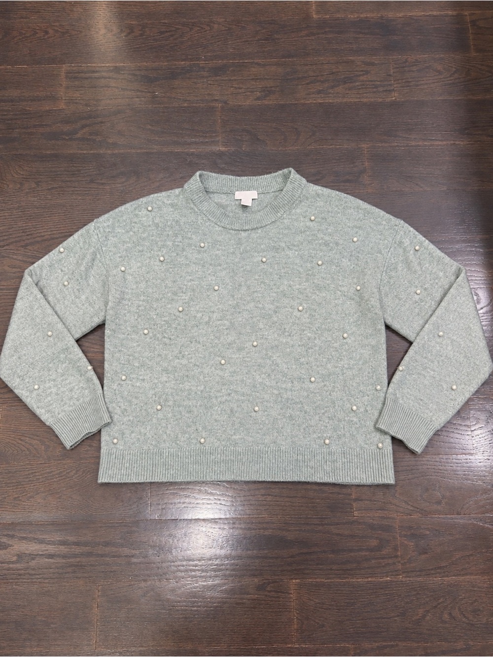 H&M Pearl-Embellished Crewneck Sweater in Heather Mint